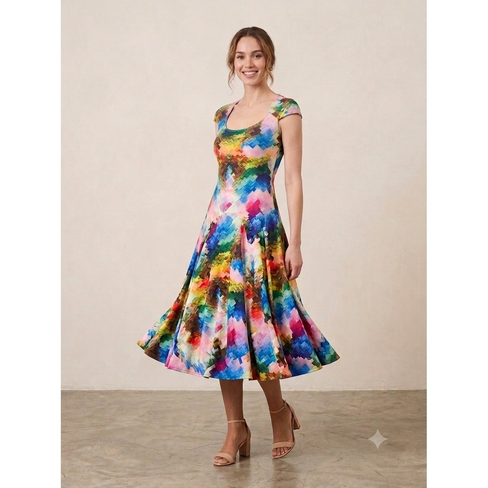 Eva Franco Dress Womens 2 Multicolor Mosaic Fit and Flare Midi CP5986 Geometric